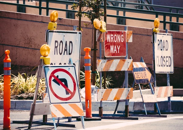 Road closed, signs and barriers